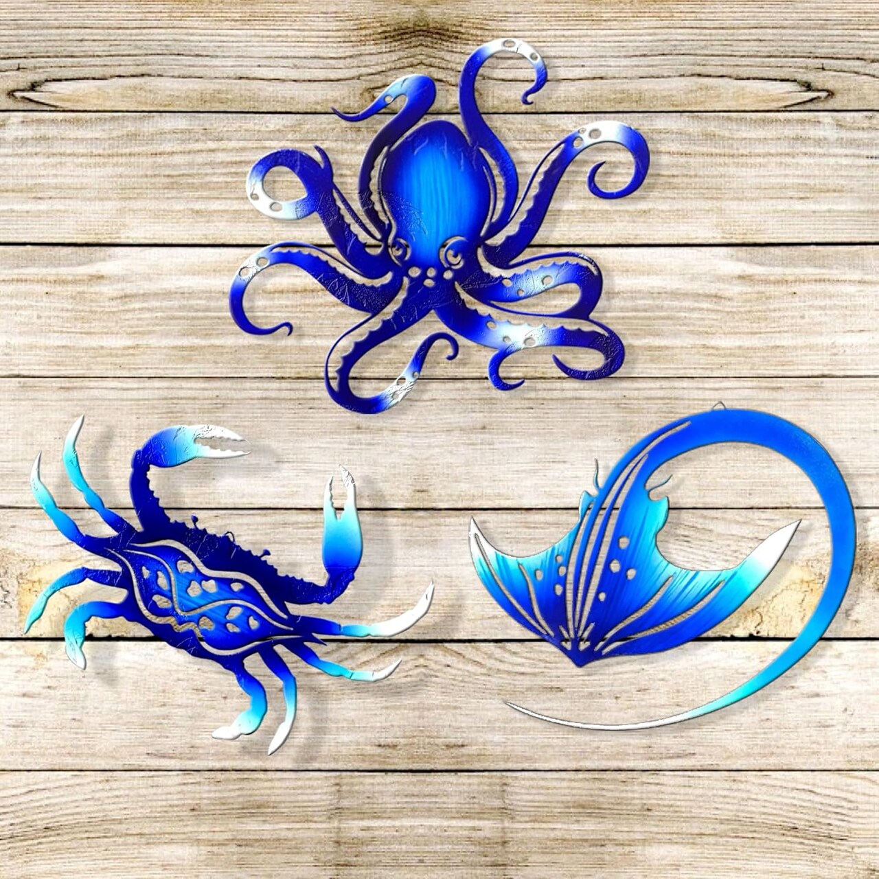 Summer Metal Wall Art Decor Octopus Crab Manta Ray Coastal Nautical Ocean Decor Concise 9'' Set of 3 Hanging Decorations for Bathroom Beach Indoor Outdoor Pool Home Bedroom Living Room Blue